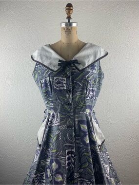 Vintage l 50s L Novelty Hawaiian Tiki Floral Contrast Collar Pockets Pinup Dress